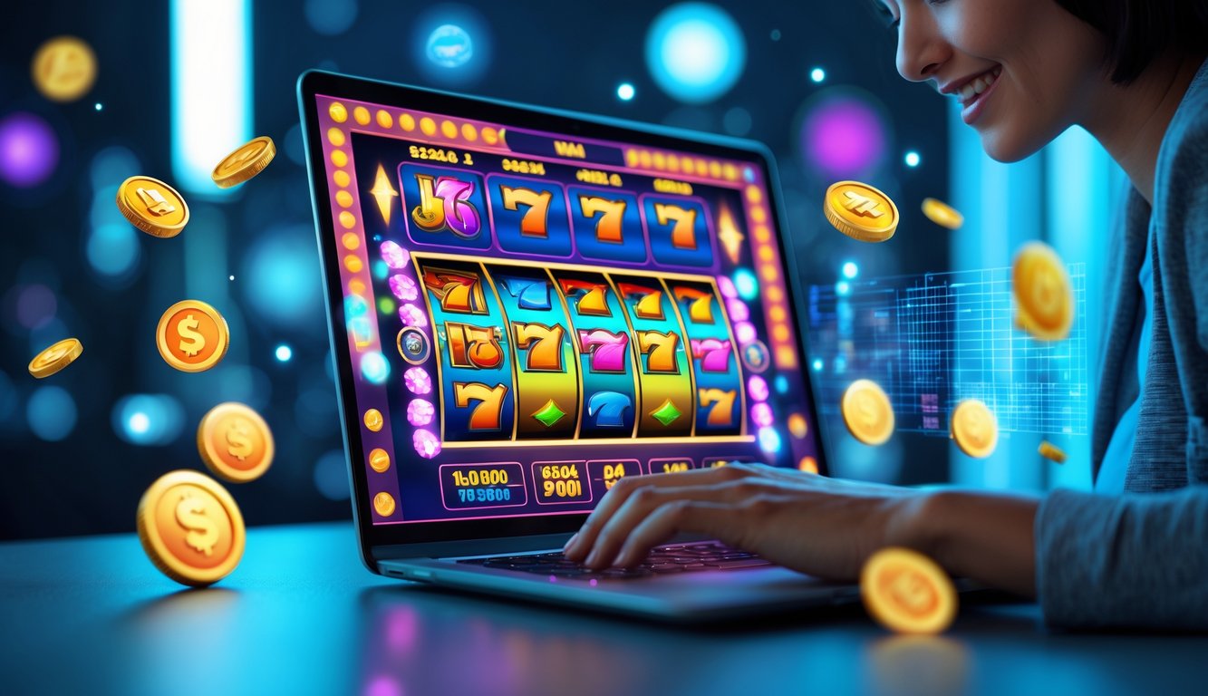 Seorang pria sedang bermain permainan slot online di laptop dengan latar belakang teknologi digital yang modern.