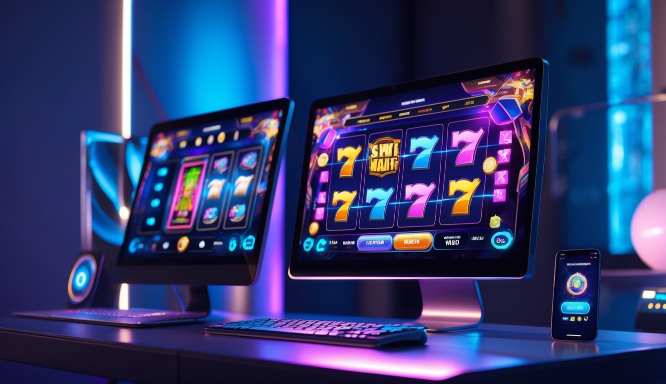 Tampilan perangkat komputer dan ponsel yang menampilkan permainan slot online dengan desain warna-warni dan latar ruangan dengan pencahayaan biru dan ungu.