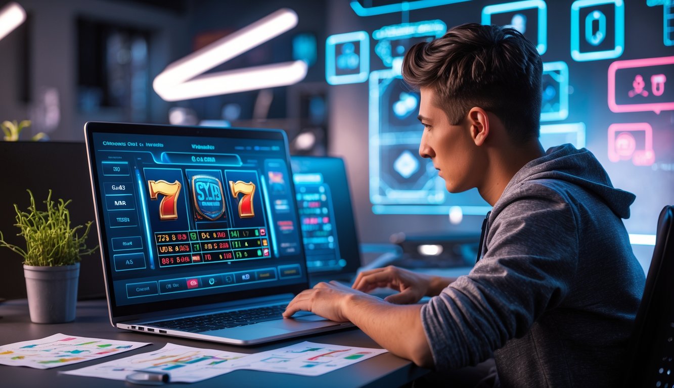 Seorang dewasa muda duduk di meja kerja dengan laptop yang menampilkan permainan slot online, dikelilingi oleh catatan dan grafik strategi permainan.