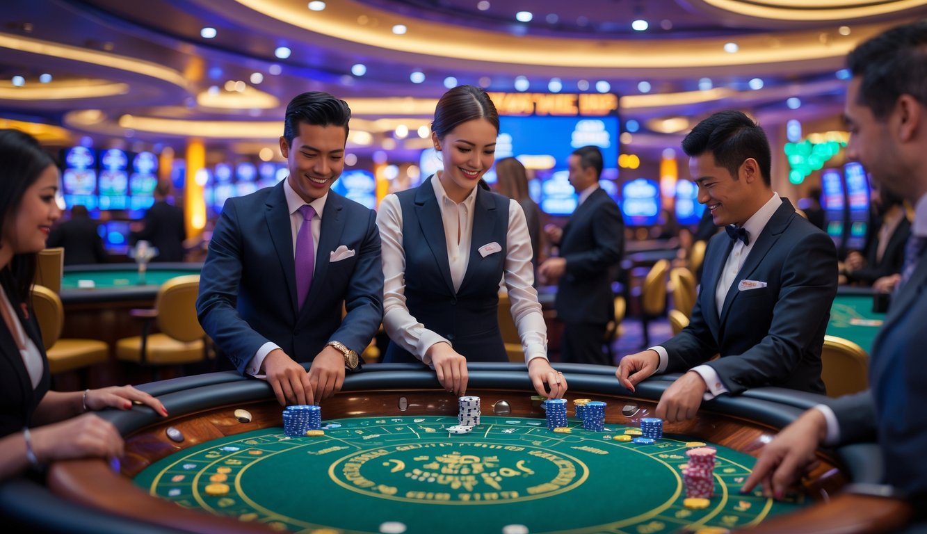 Suasana kasino langsung dengan dealer profesional yang sedang melayani pemain di meja permainan.