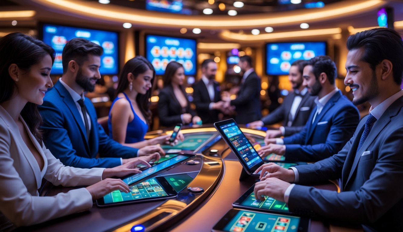 Orang-orang bermain permainan kasino langsung di lingkungan kasino modern dengan dealer profesional dan perangkat elektronik.