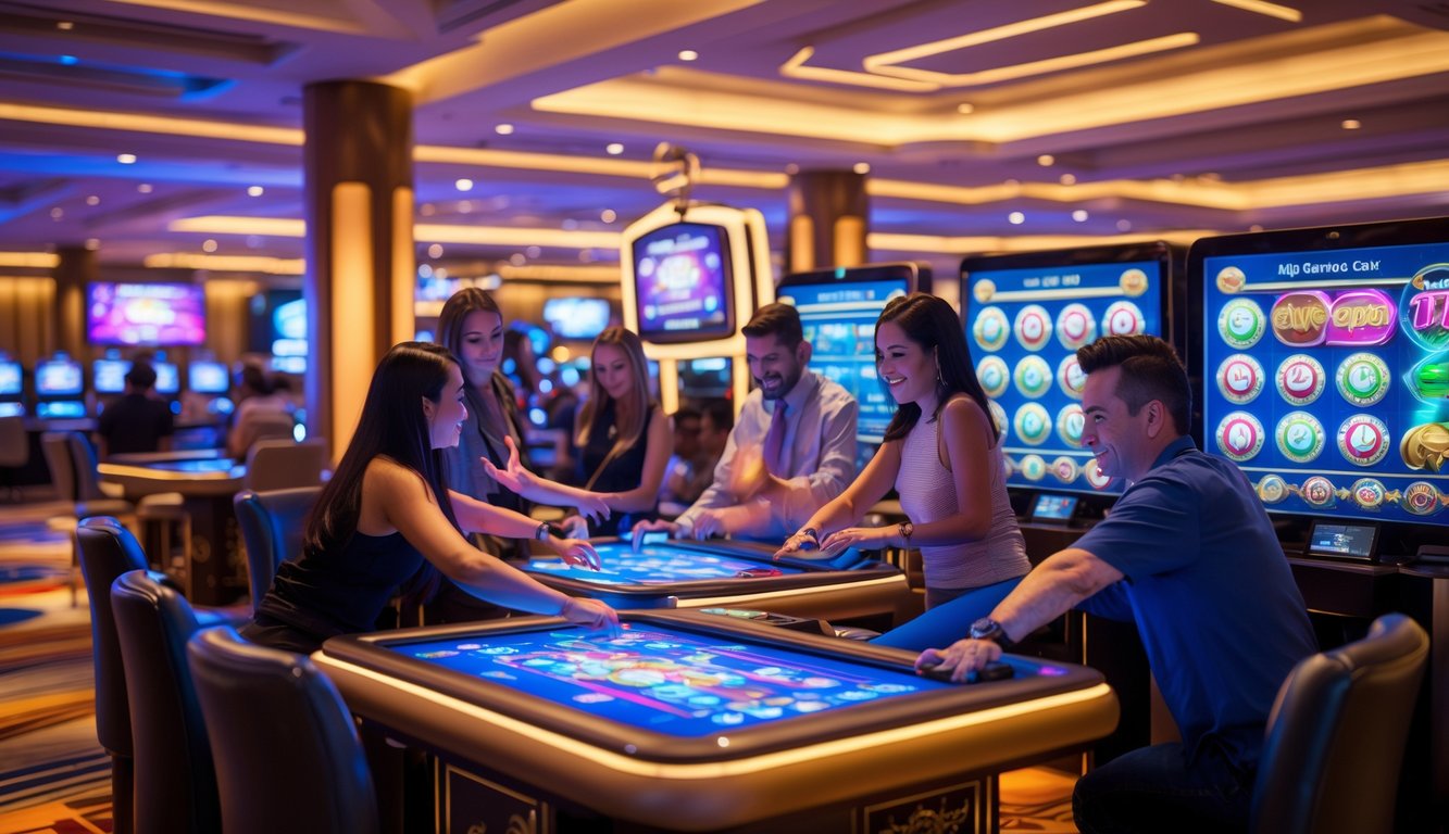 Orang-orang bermain permainan interaktif di dalam ruangan kasino dengan meja permainan digital dan suasana yang ceria.