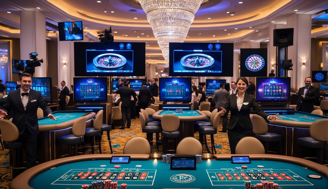 Suasana kasino langsung dengan meja permainan, dealer, layar digital, dan pemain yang sedang bermain.