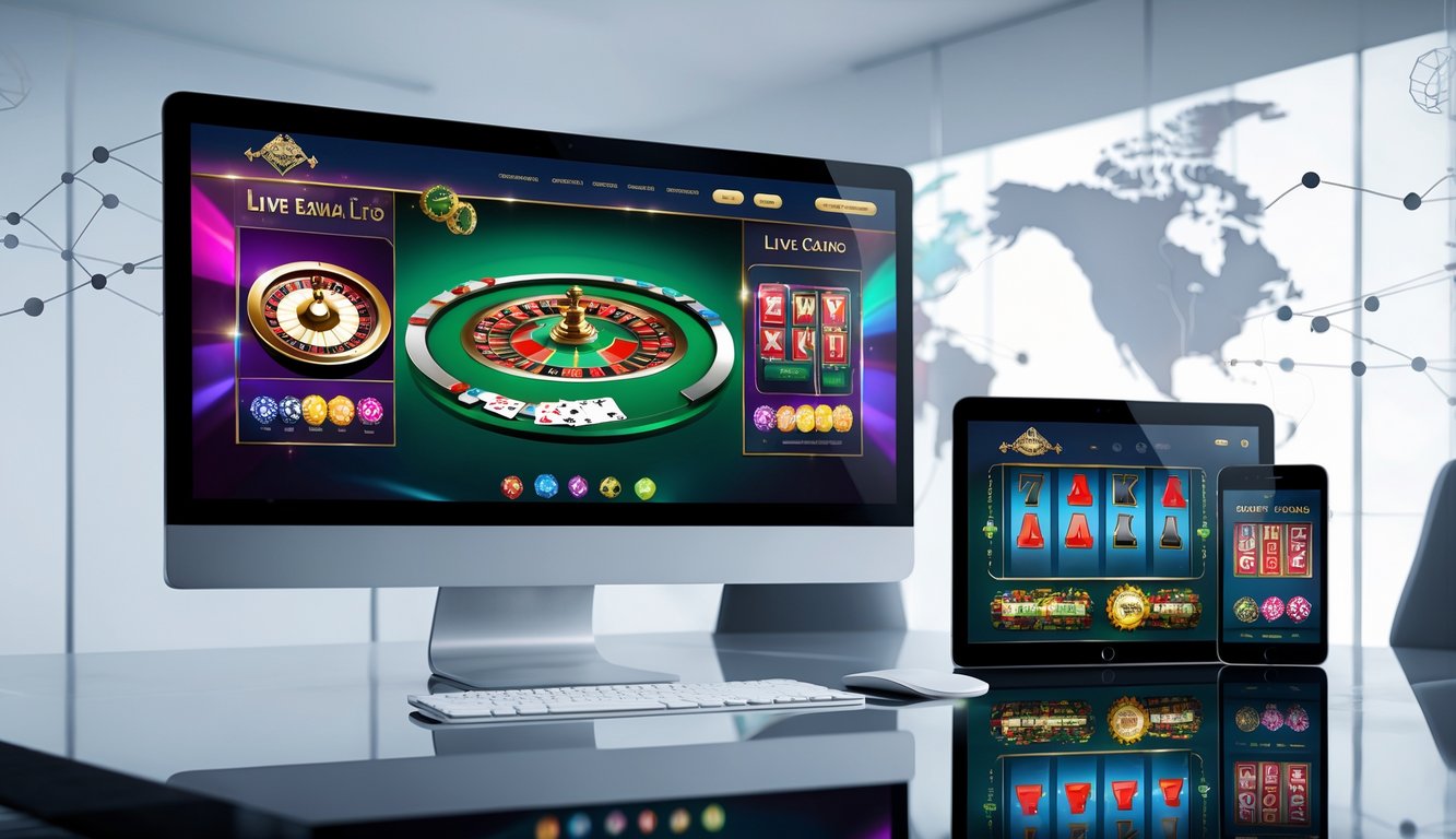 Tampilan berbagai perangkat dengan antarmuka situs permainan kasino langsung yang modern dan responsif.