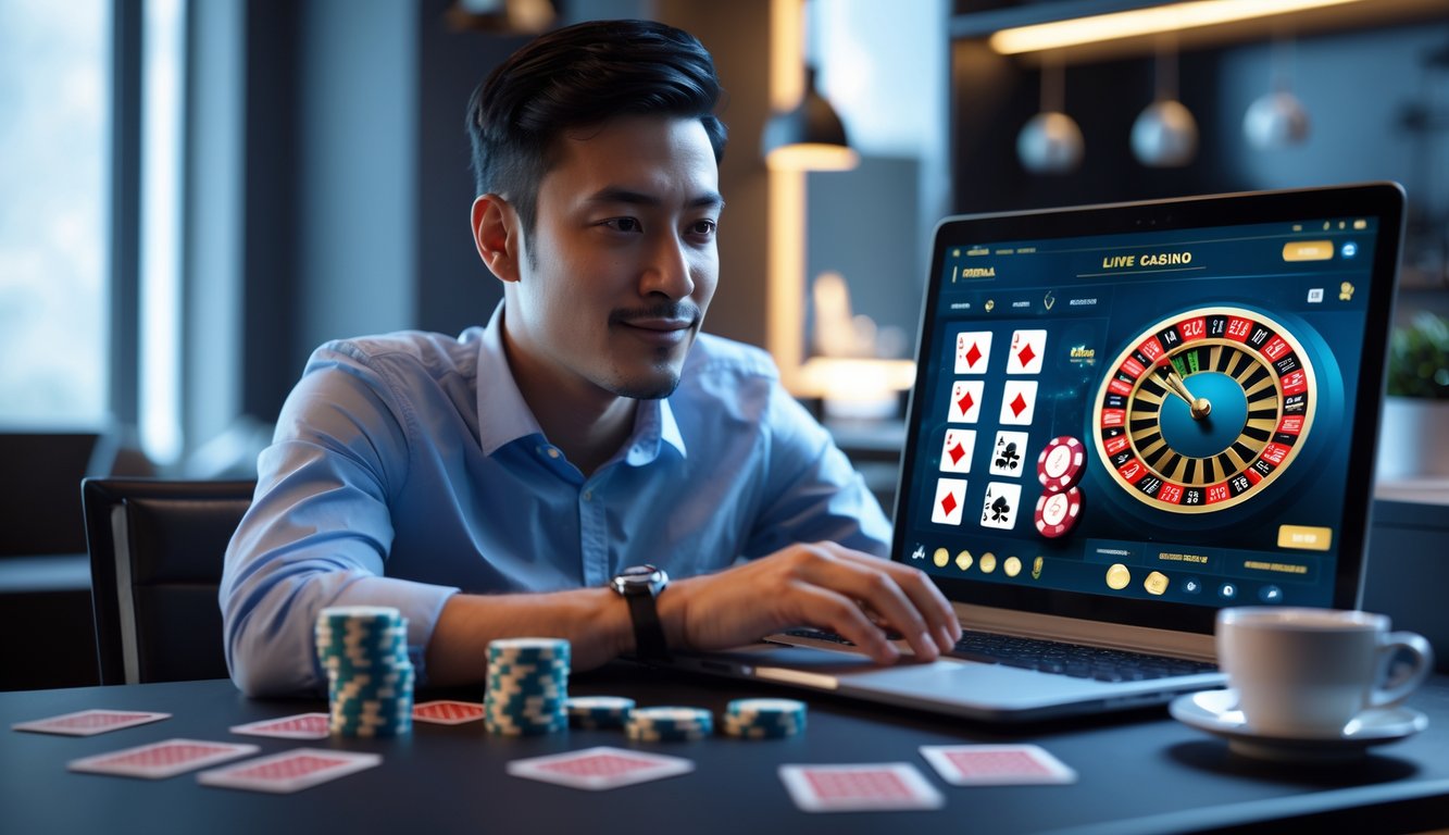 Seorang pemain dewasa yang fokus bermain permainan kasino langsung secara online di laptop dalam ruangan modern.