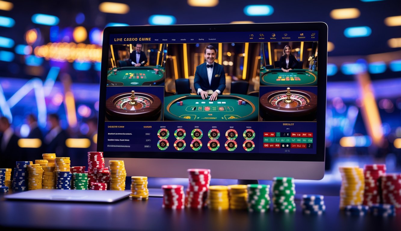 Layar komputer menampilkan permainan kasino langsung dengan dealer dan meja permainan, suasana digital yang hidup dan menarik.
