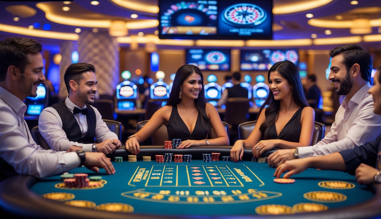 Orang-orang sedang menikmati berbagai jenis permainan kasino langsung di sebuah kasino yang modern dan terang.