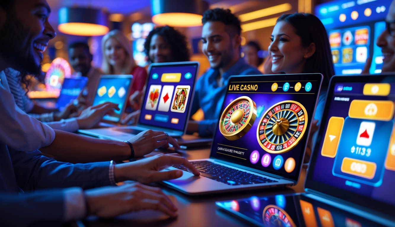Sekelompok orang menggunakan perangkat digital untuk bermain permainan kasino langsung secara online dengan suasana yang penuh semangat.