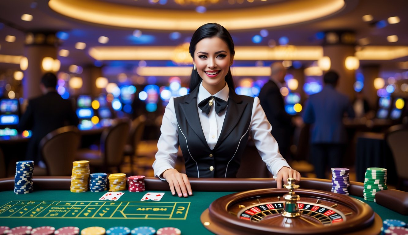 Seorang dealer wanita tersenyum di meja permainan kasino dengan chip dan kartu, suasana kasino mewah di latar belakang.