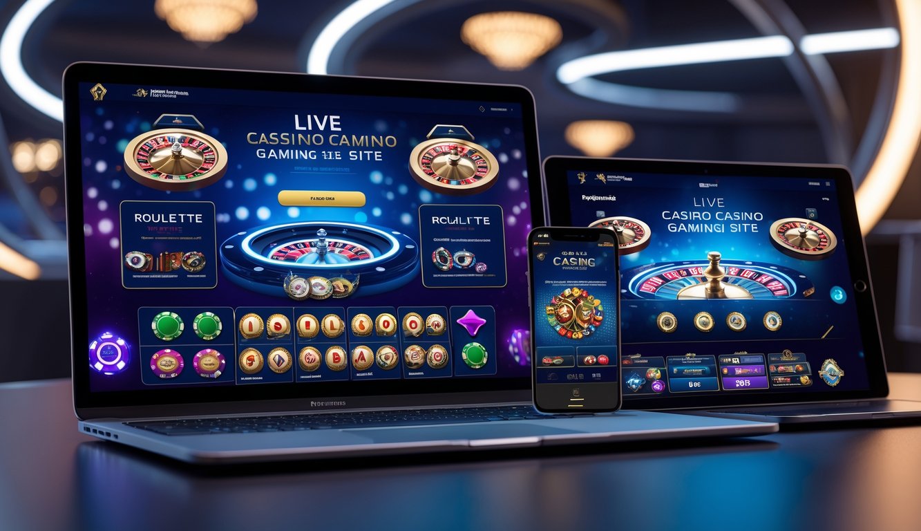 Tampilan berbagai perangkat digital yang menampilkan permainan kasino langsung dengan grafik dinamis di lingkungan modern dan futuristik.