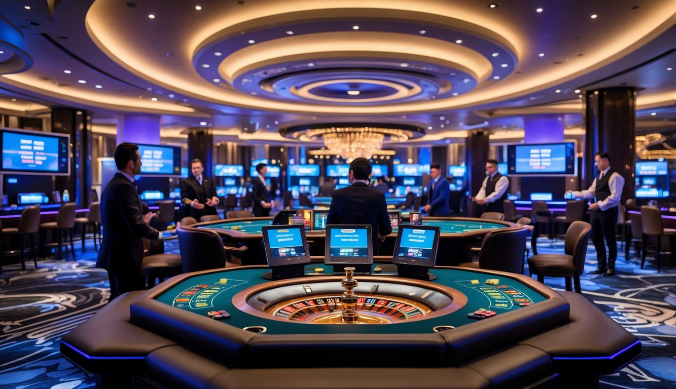 Suasana kasino modern dengan meja permainan langsung dan dealer yang melayani pemain melalui layar.
