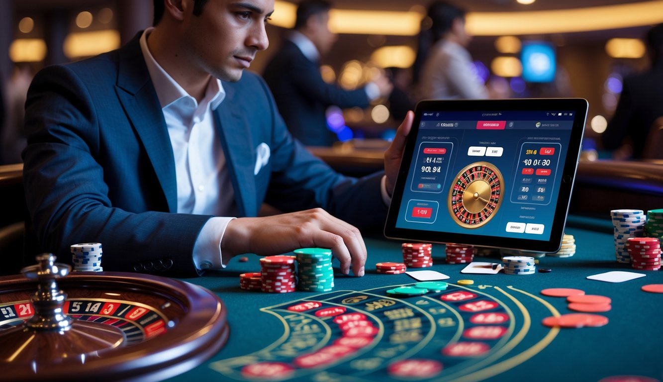 Seorang pemain muda duduk di meja kasino langsung dengan chip dan kartu, tampak fokus merencanakan strategi bermain.