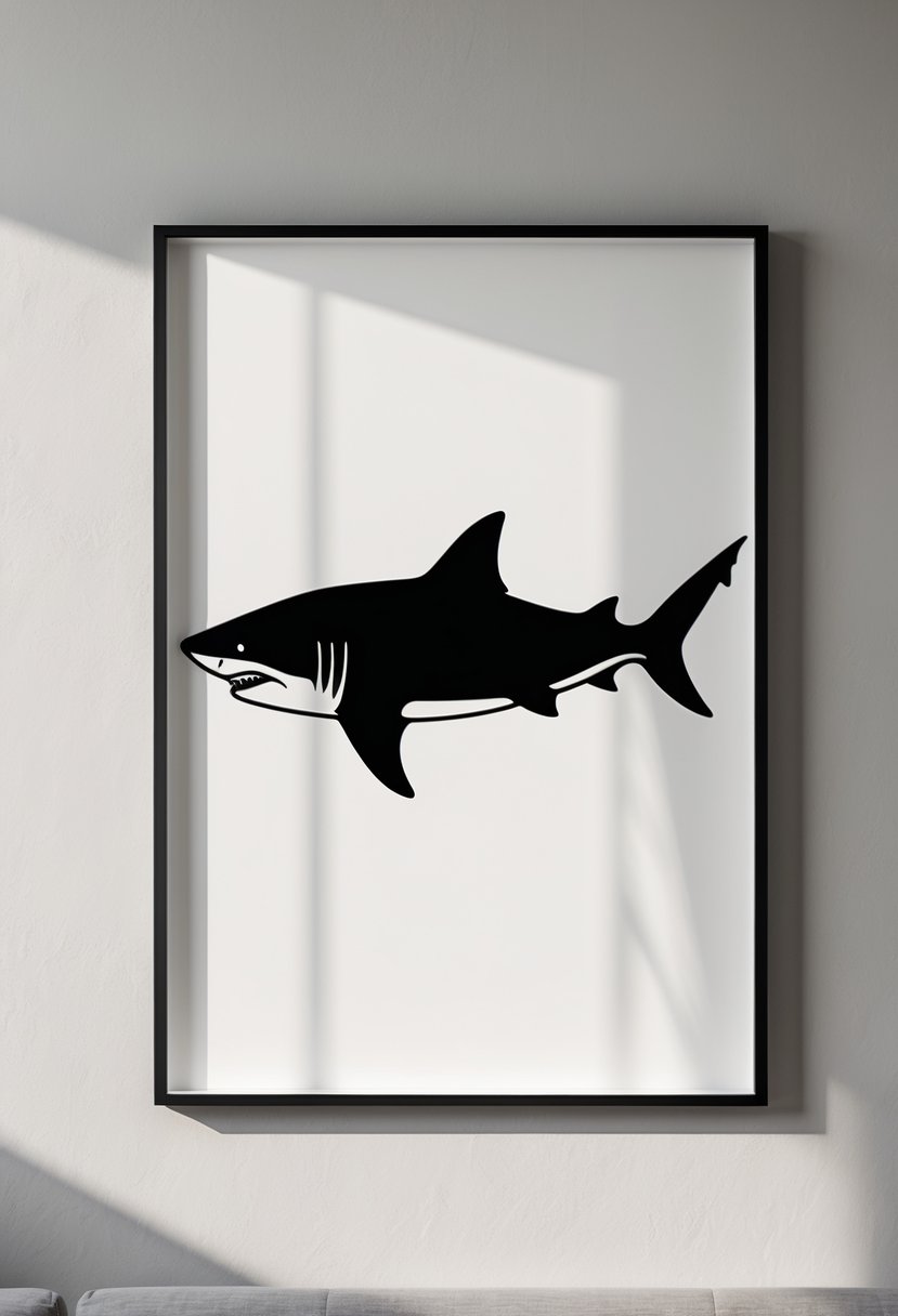 A minimalist black shark outline print hanging on a neutral wall in a modern interior.