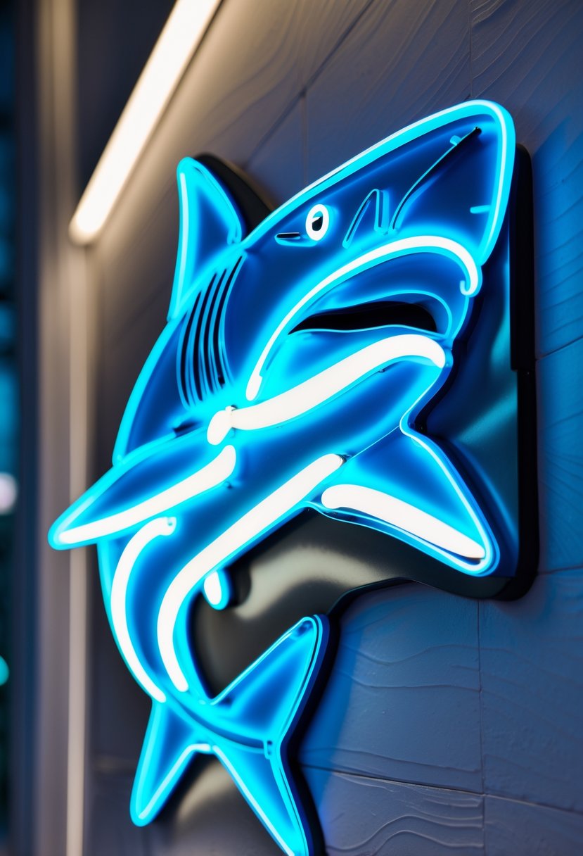 An illuminated neon shark sign glowing blue and white mounted on a textured wall.
