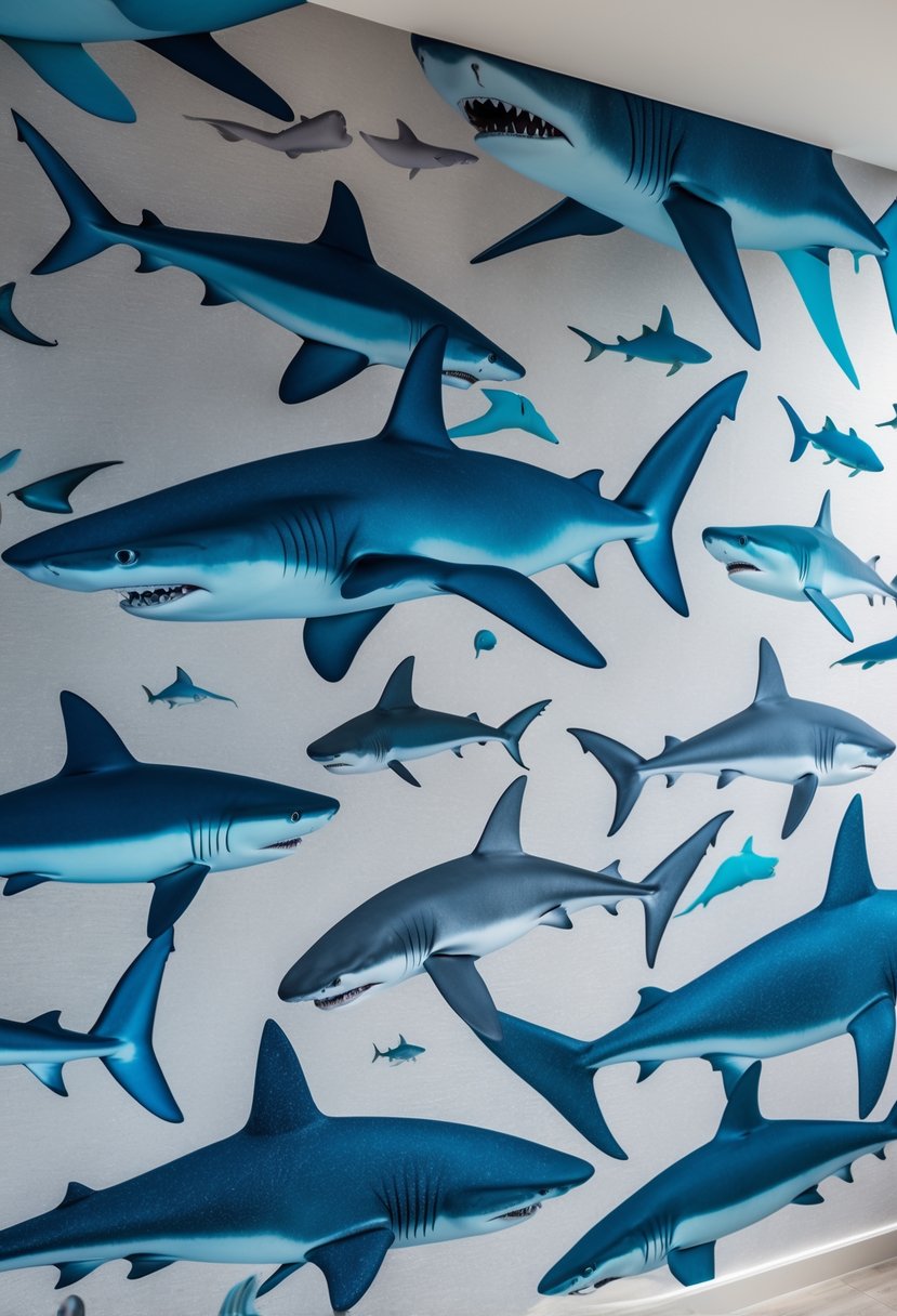 A wall decorated with blue and gray shark patterned wallpaper in a modern interior setting.