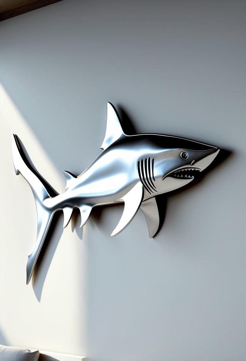Metal wall hanging shaped like a shark outline displayed against a plain background.