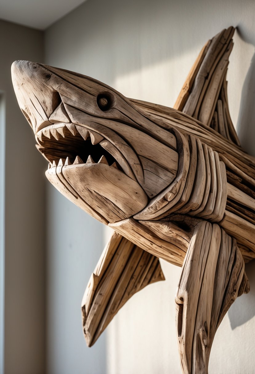 A detailed driftwood sculpture shaped like a shark mounted on a plain wall.