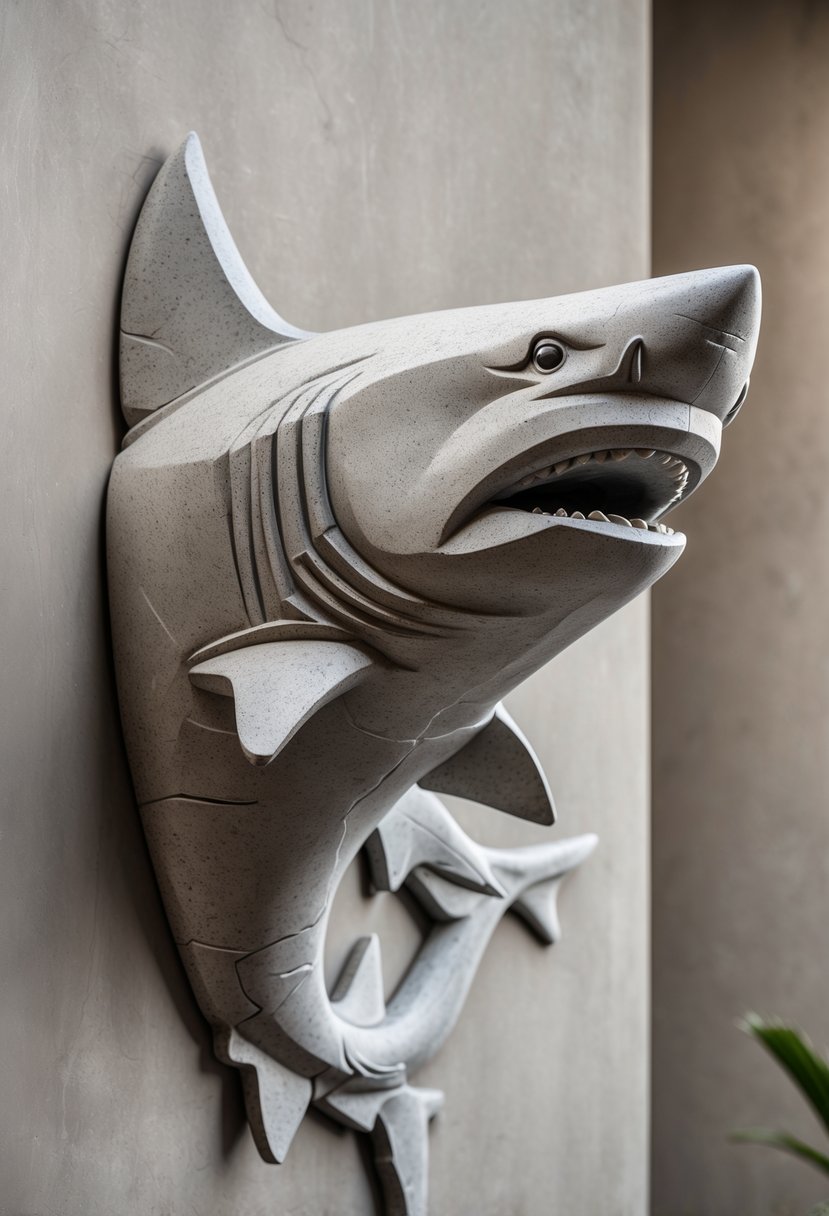 A carved stone shark wall plaque hanging on a neutral-colored wall.