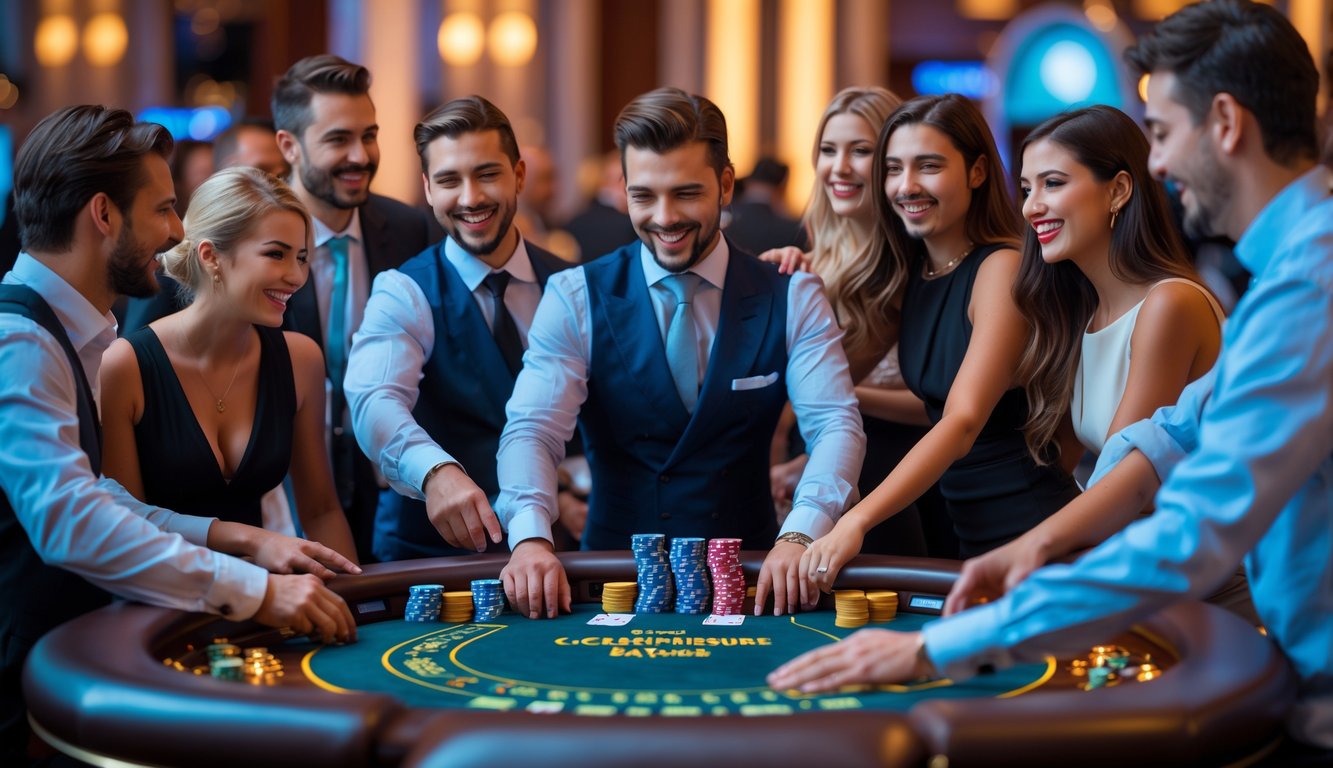 Sekelompok orang bermain di meja kasino langsung dengan dealer di tengah ruangan yang mewah dan pencahayaan hangat.