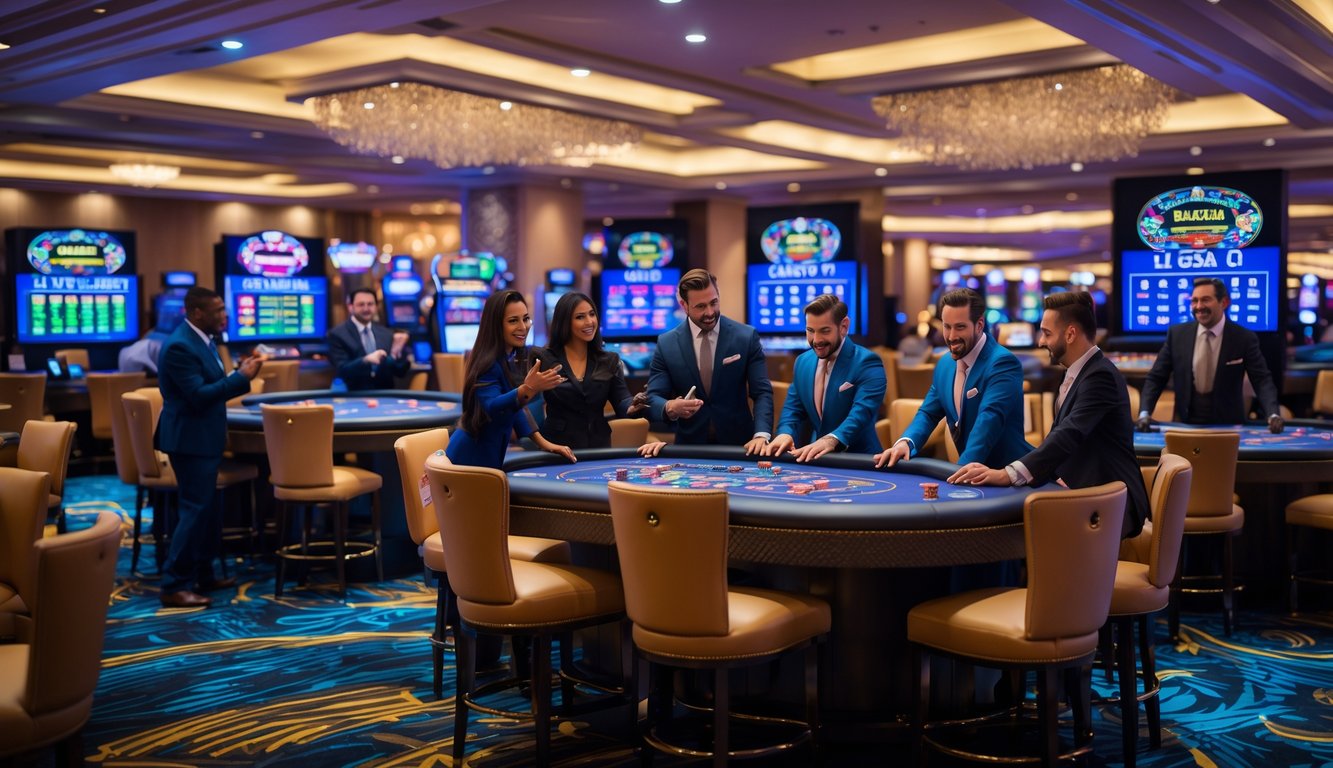 Suasana kasino dengan meja permainan langsung, dealer, dan pemain yang sedang bermain dengan antusias.