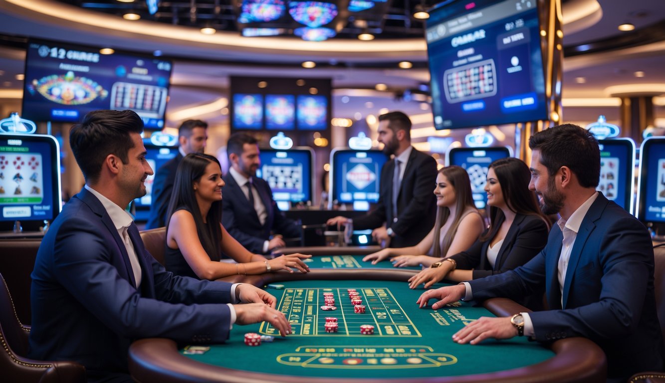 Orang-orang bermain permainan kasino langsung dengan dealer nyata melalui layar di lingkungan kasino yang ramai dan modern.