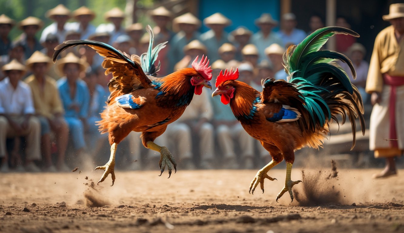 Dua ayam jago sedang bertarung di udara dengan latar belakang penonton yang memperhatikan.