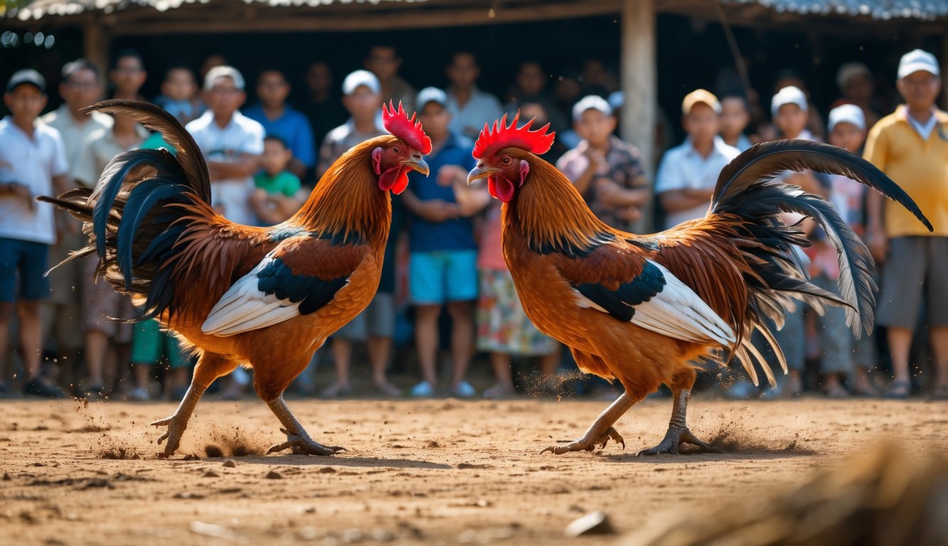 Dua ayam jago sedang bertarung di depan sekelompok orang yang memperhatikan dengan serius di luar ruangan.