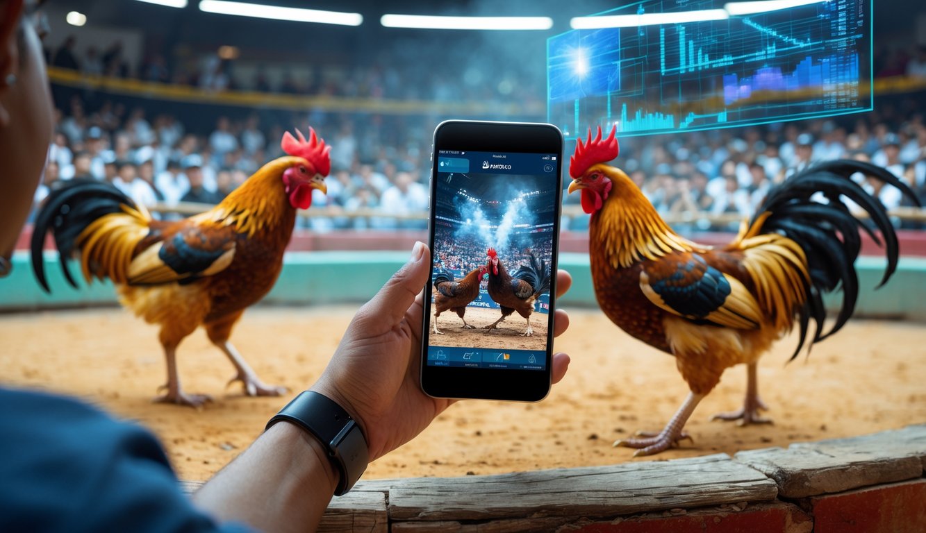 Arena sabung ayam tradisional dengan dua ayam beradu dan seseorang memegang ponsel yang menampilkan siaran langsung pertandingan.