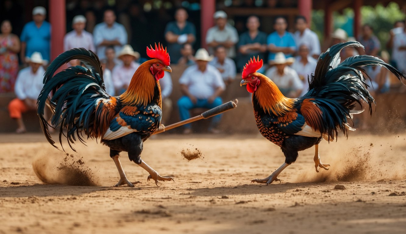 Dua ayam jago sedang bertarung di arena sabung ayam dengan penonton yang memperhatikan di latar belakang.