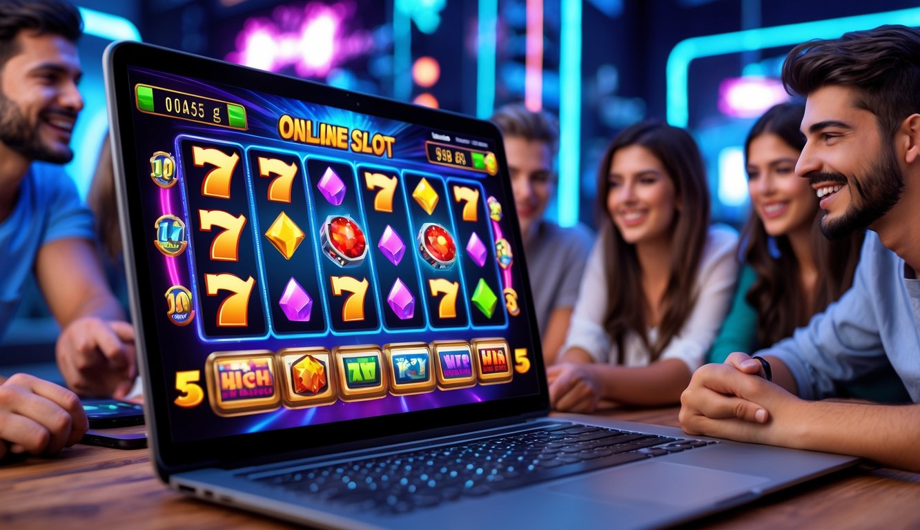 Orang-orang muda sedang bermain permainan slot online di perangkat digital dengan latar belakang suasana gaming modern yang cerah dan penuh semangat.