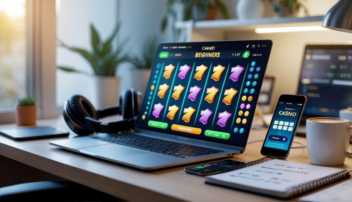 Seorang pemain pemula sedang belajar bermain judi slot online di laptop di ruang kerja rumah yang rapi dan terang.