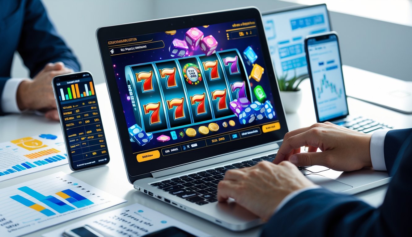 Meja kerja modern dengan laptop yang menampilkan grafik mesin slot, tangan seseorang sedang menggunakan laptop, dan beberapa catatan serta smartphone di sekitarnya.