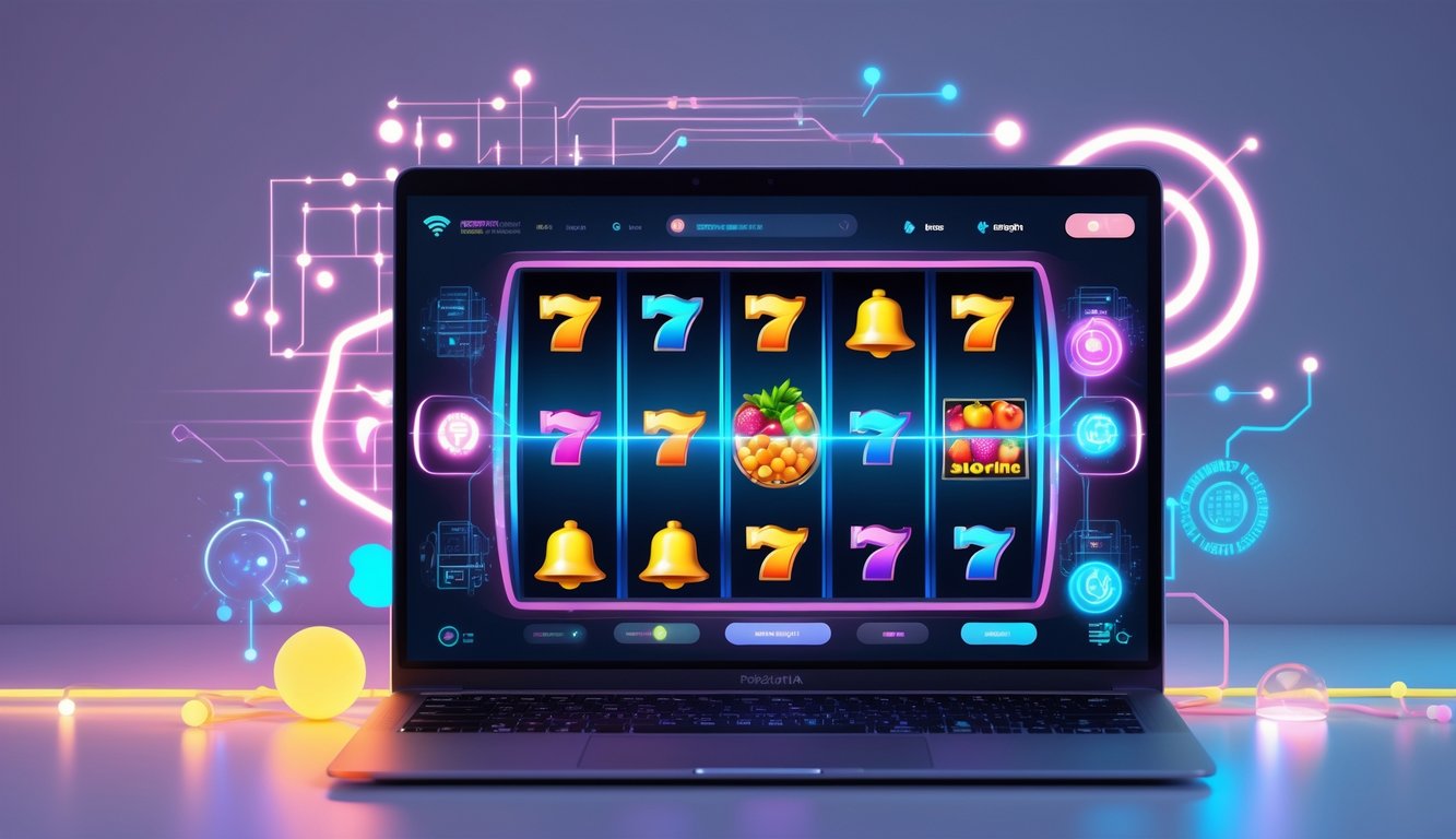 Sebuah komputer menampilkan permainan slot online dengan simbol warna-warni dan latar belakang teknologi modern.