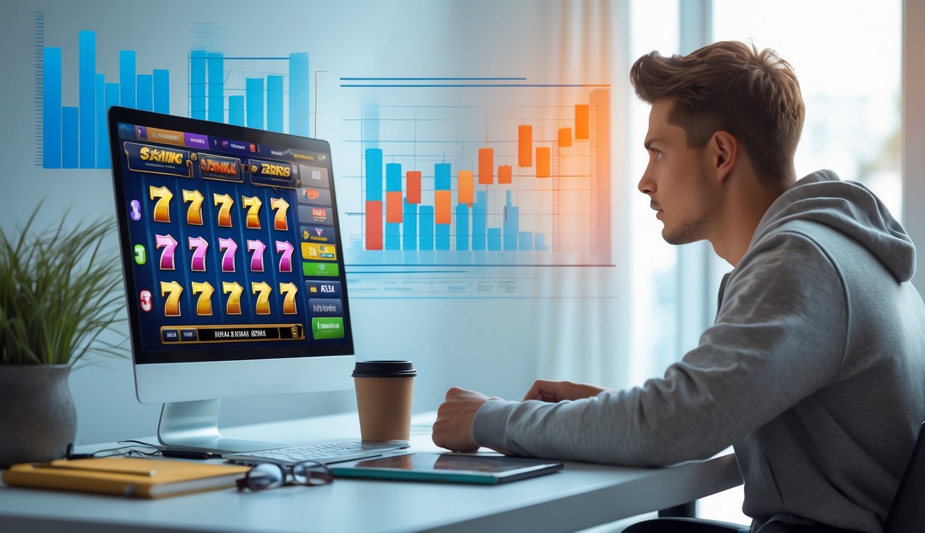 Seorang dewasa muda duduk di depan laptop dengan tampilan permainan slot online, terlihat fokus dan menganalisis layar di meja yang rapi dengan alat tulis dan kopi.