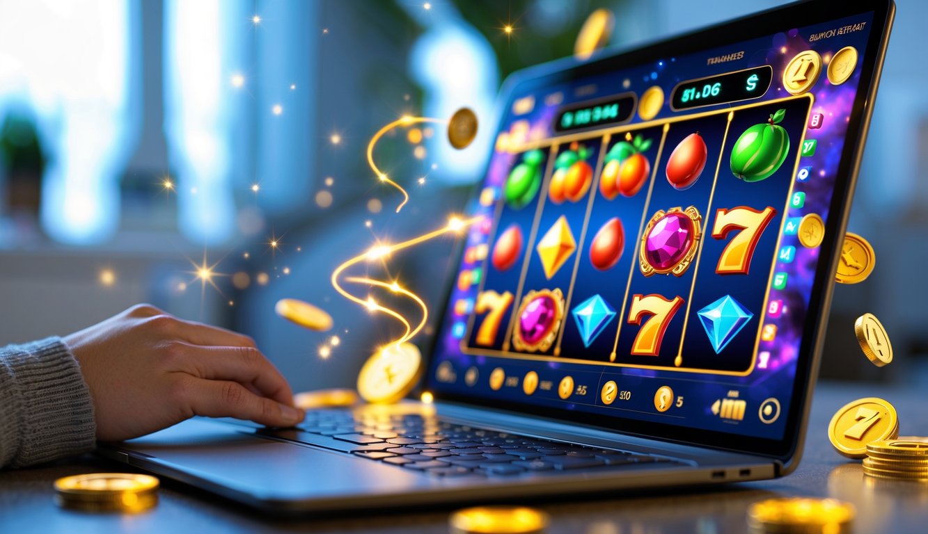 Seseorang sedang bermain permainan slot online di layar komputer dengan grafik warna-warni dan suasana yang menarik.