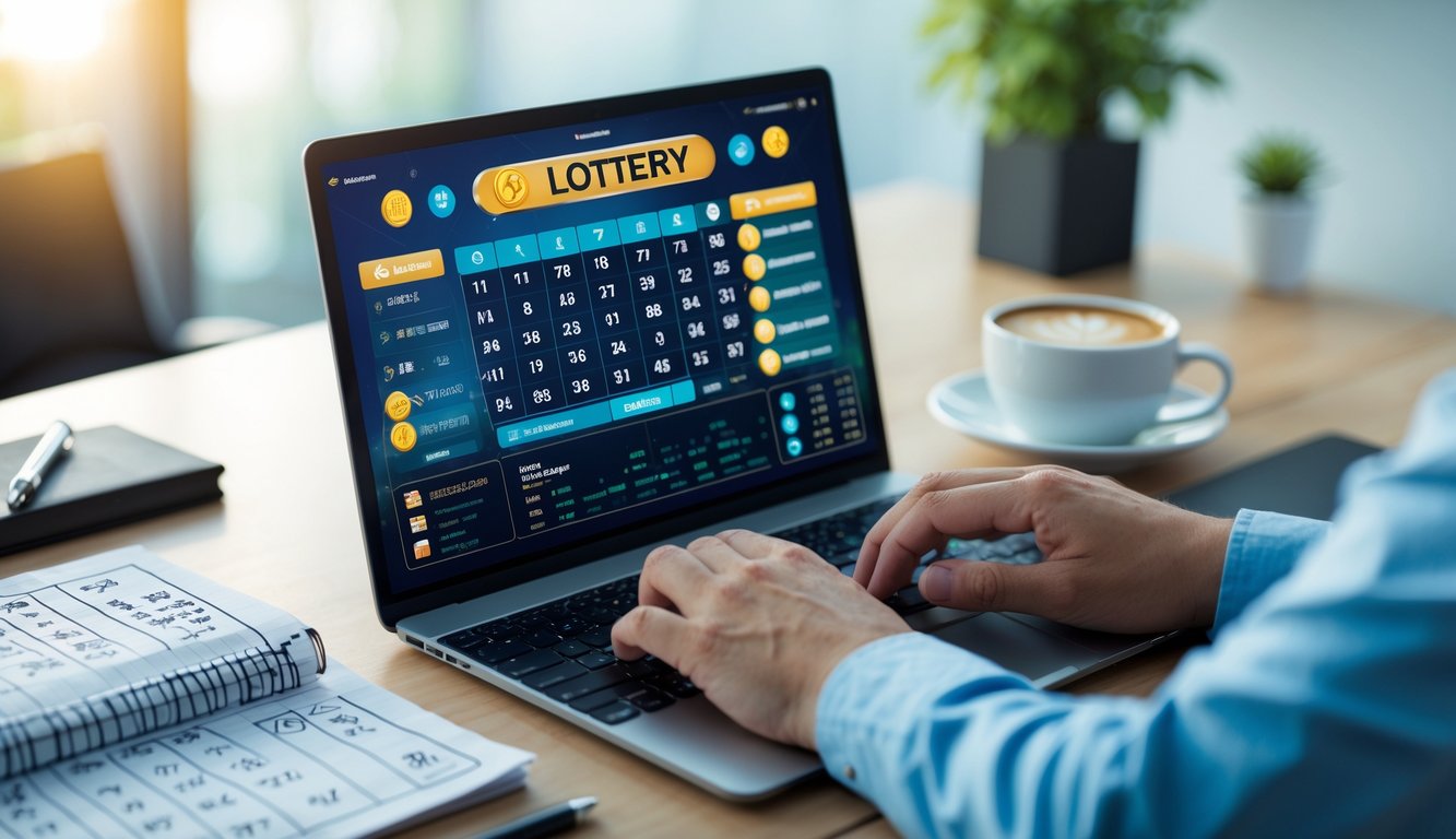 Seorang profesional sedang bekerja di depan laptop dengan tampilan permainan togel online dan catatan strategi di meja.