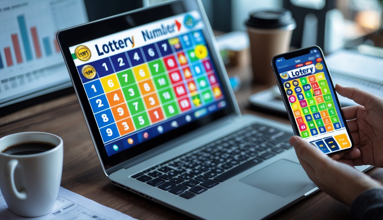 Seseorang menggunakan laptop dan ponsel untuk bermain togel online di meja kerja dengan kopi di sampingnya.