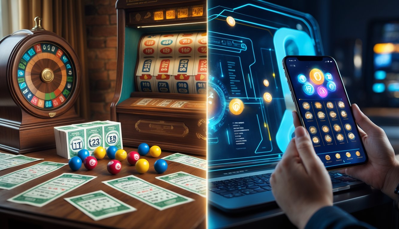 Seseorang menggunakan perangkat digital untuk bermain togel online di samping alat togel tradisional dalam ruangan yang menggambarkan perpindahan dari permainan tradisional ke era digital.