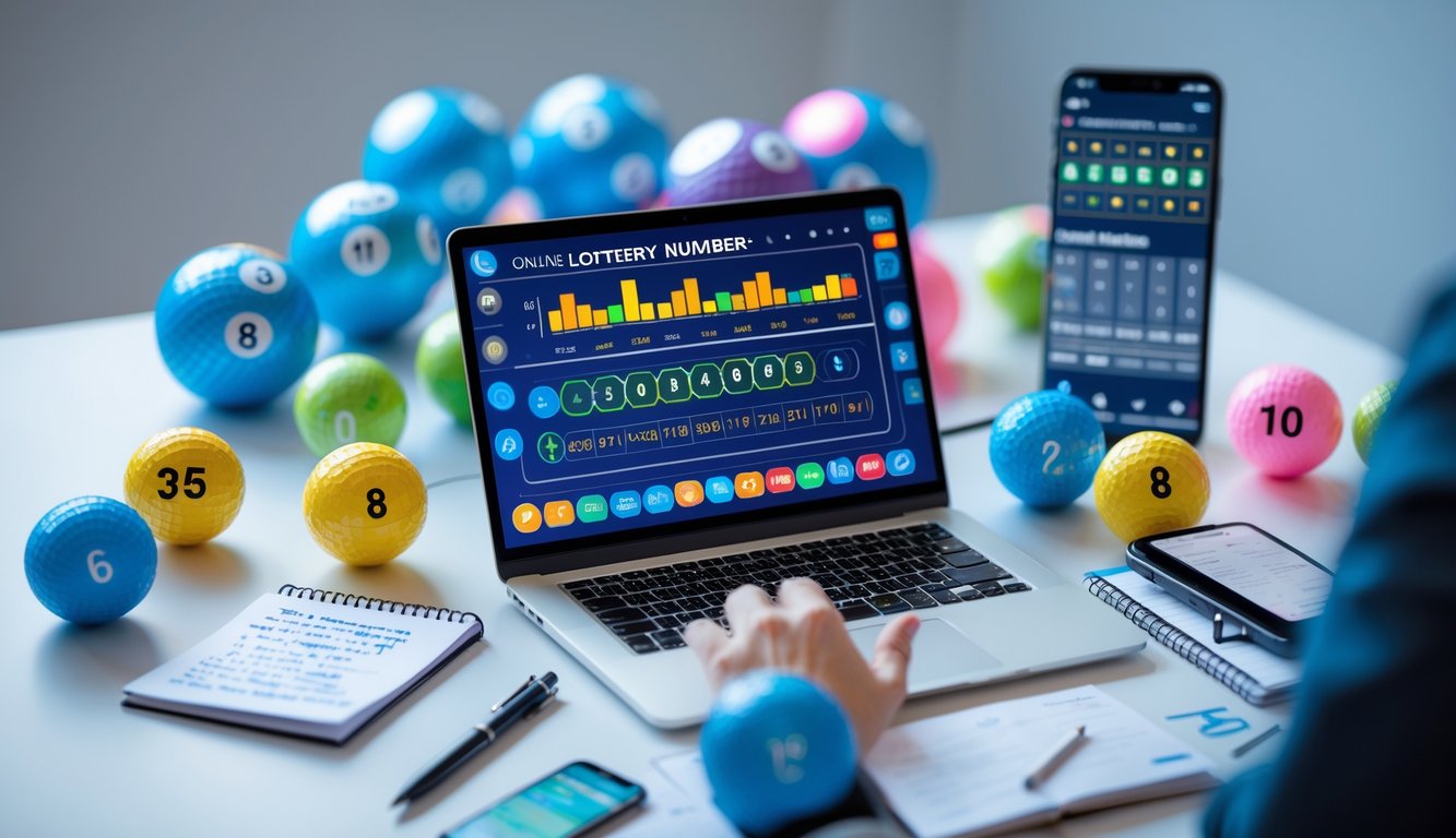 Sebuah meja kerja dengan laptop menampilkan antarmuka prediksi angka togel, bola togel bernomor, ponsel dengan aplikasi taruhan, dan catatan dengan perhitungan angka.