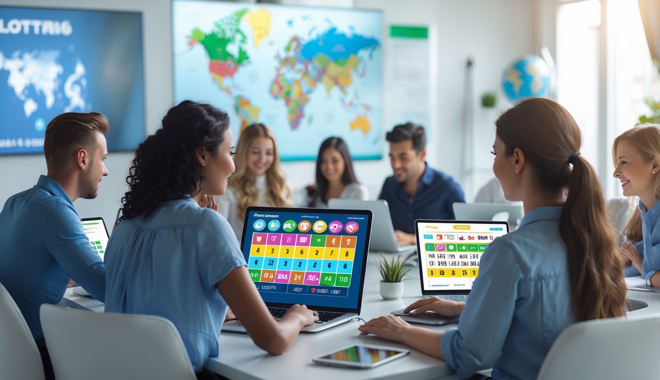 Orang-orang menggunakan perangkat digital untuk bermain judi togel online di ruang kerja modern dengan peta dunia di latar belakang.