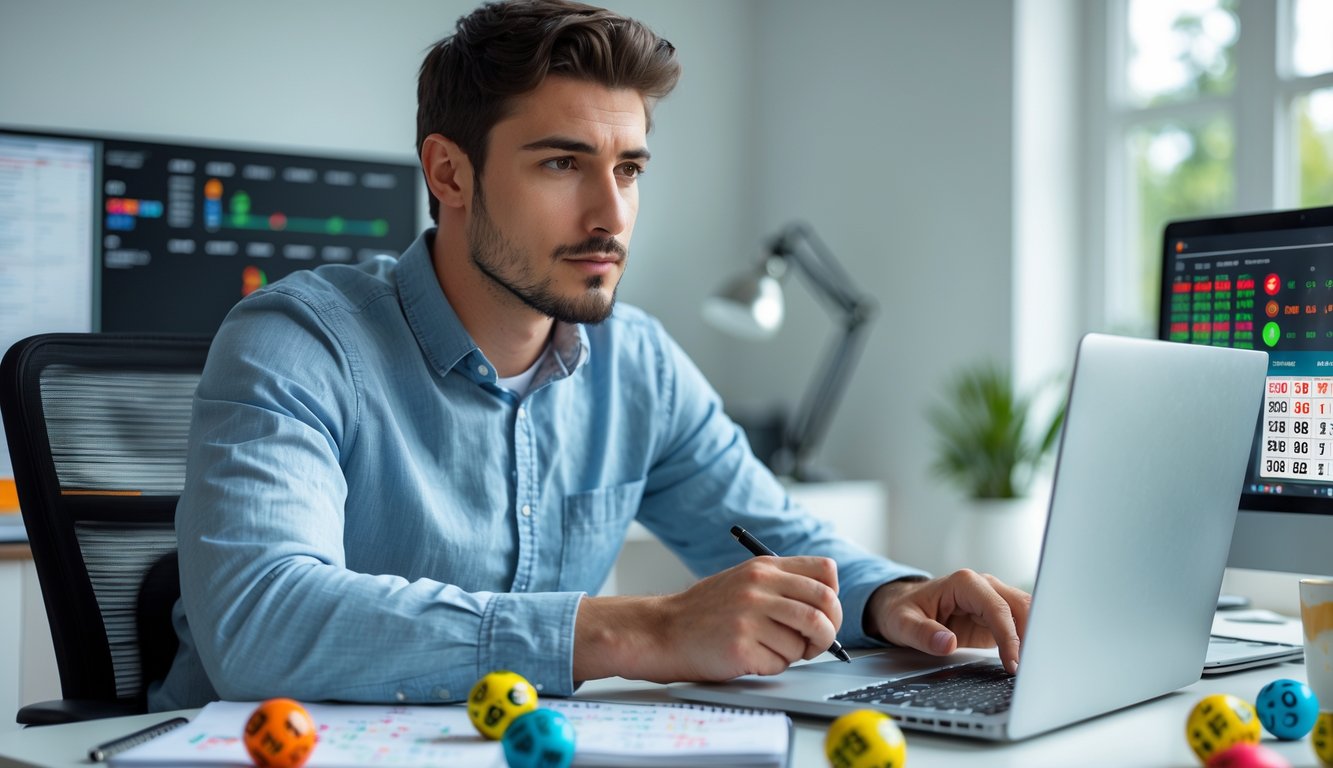 Seorang pria muda duduk di meja dengan laptop, memperhatikan angka togel dan mencatat di buku catatan di ruang kerja yang terang.