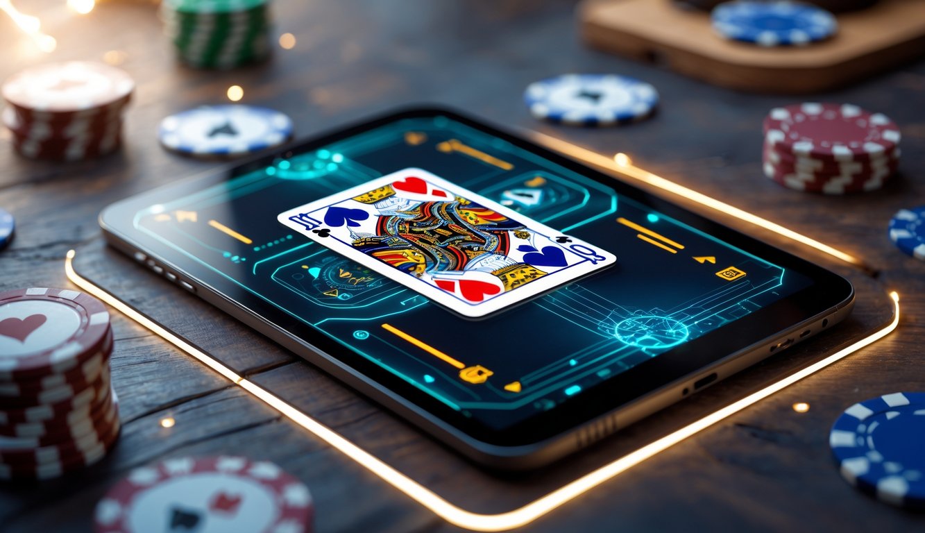 Sebuah perangkat digital menampilkan permainan kartu dengan kartu berwarna cerah di atas meja kayu, menggambarkan permainan Judi Capsa Online.