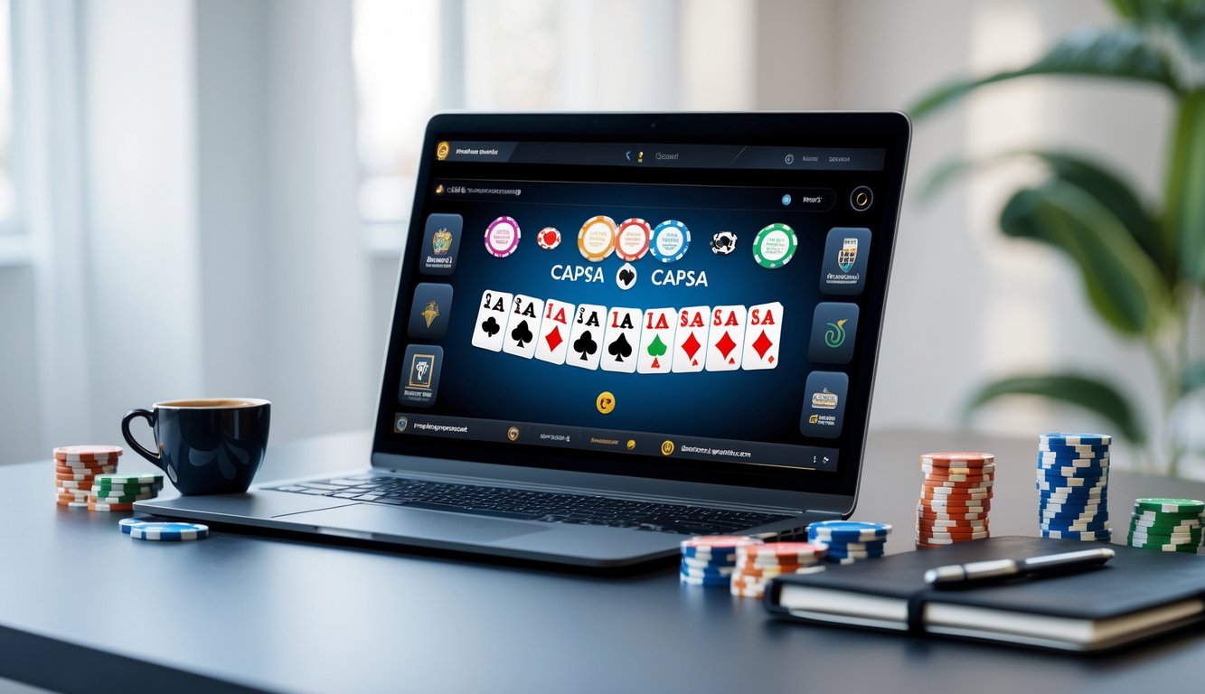 Seseorang bermain permainan kartu Capsa secara online di depan komputer dengan kartu dan chip poker di meja.
