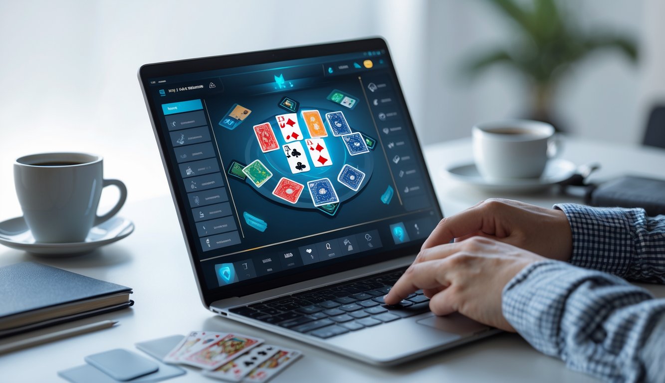 Seseorang sedang bermain kartu online di depan laptop dengan kartu digital yang tersusun rapi, menunjukkan fokus dan strategi dalam permainan.