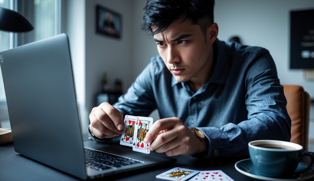 Seorang pria muda fokus bermain permainan kartu Capsa online di laptop di ruang kerja modern.