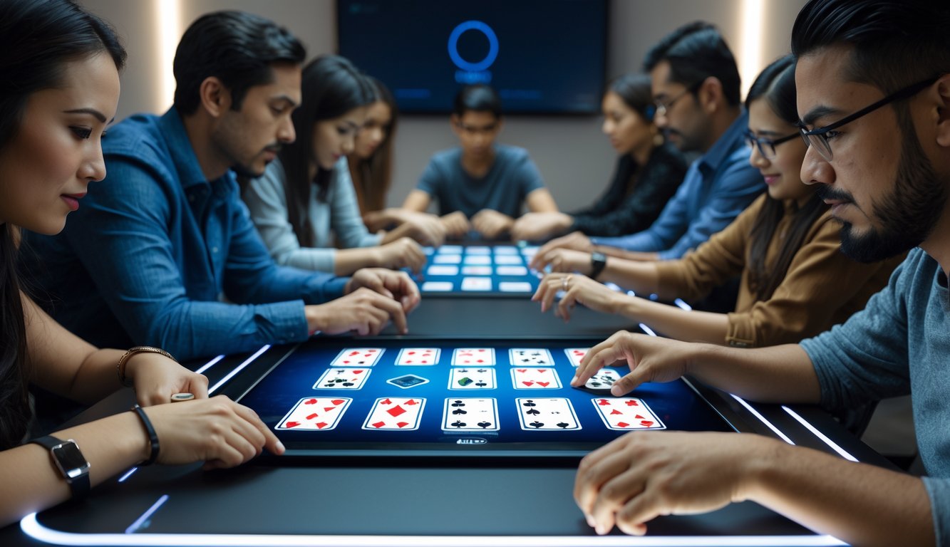 Beberapa orang sedang bermain judi capsa online di meja dengan kartu digital, menunjukkan ekspresi fokus dan strategi.