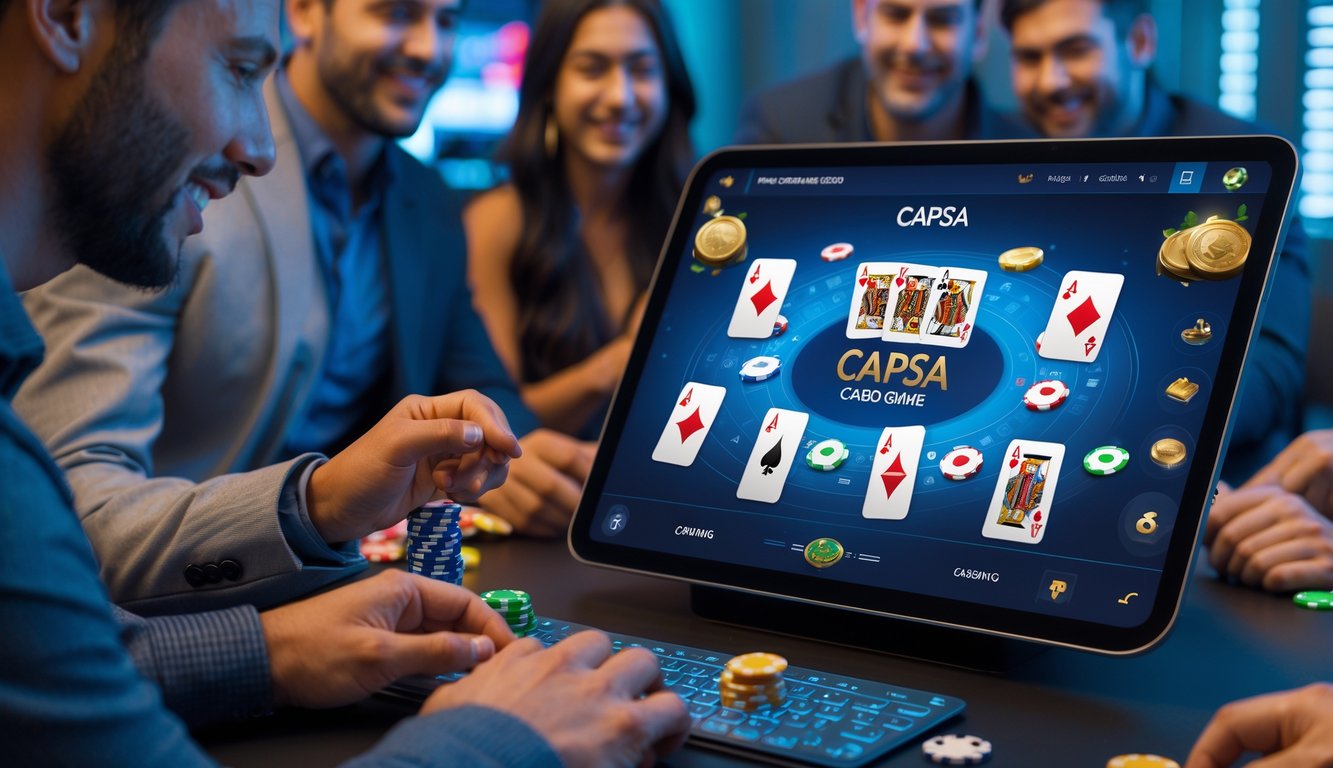 Beberapa orang sedang bermain permainan Capsa online interaktif menggunakan perangkat digital di ruangan yang terang dan modern.