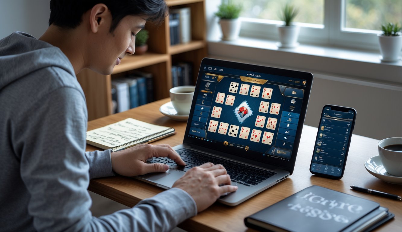 Seorang pria bermain permainan kartu Capsa online di laptop di ruang kerja rumah yang nyaman dengan meja kayu, secangkir kopi, dan catatan di dekatnya.