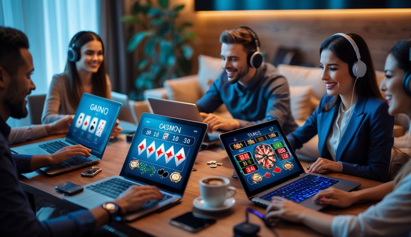 Beberapa orang sedang bermain permainan judi online dengan perangkat elektronik di ruang tamu yang nyaman.