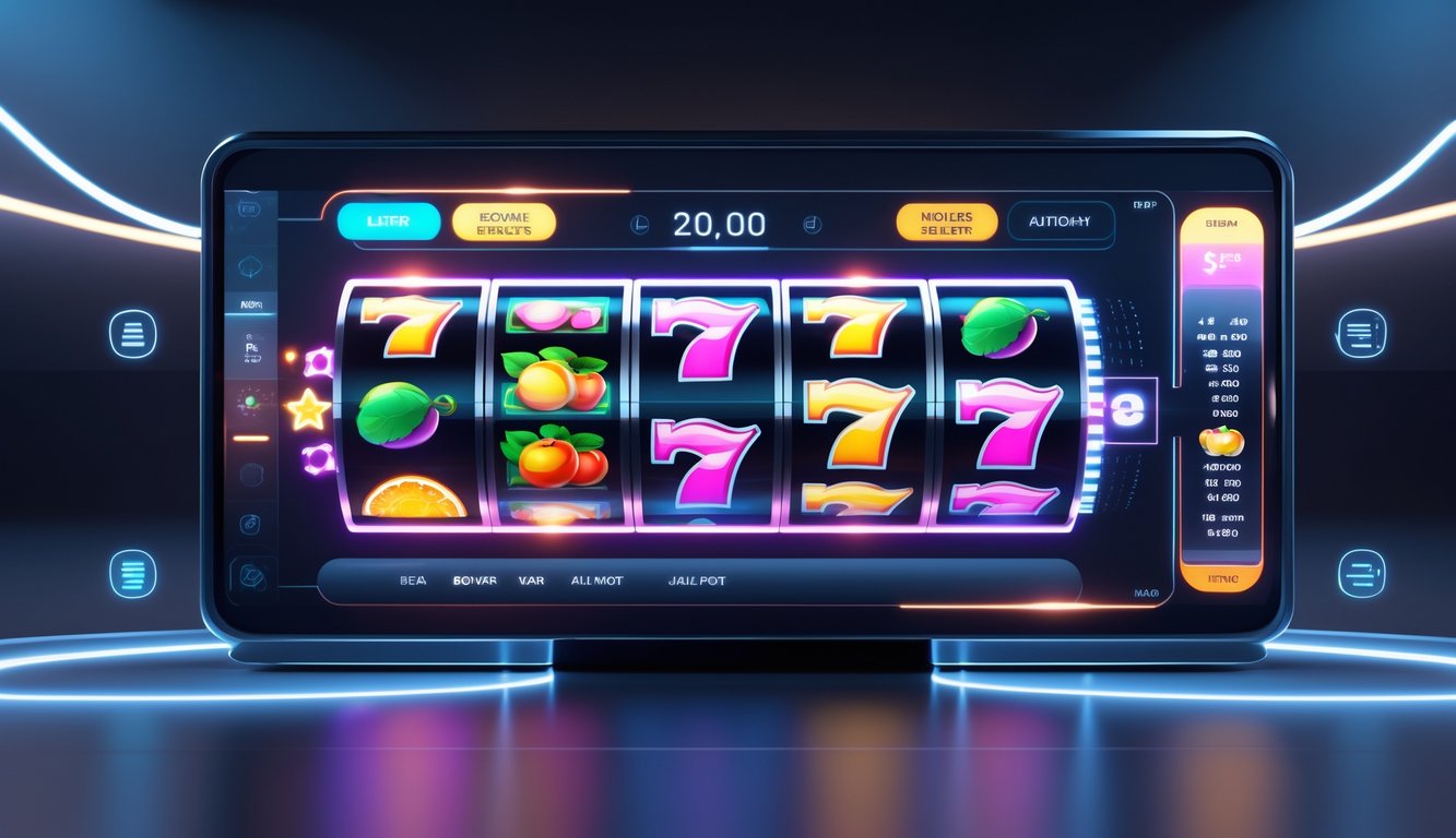 Layar digital menampilkan mesin slot online dengan simbol warna-warni dan efek cahaya yang menarik.